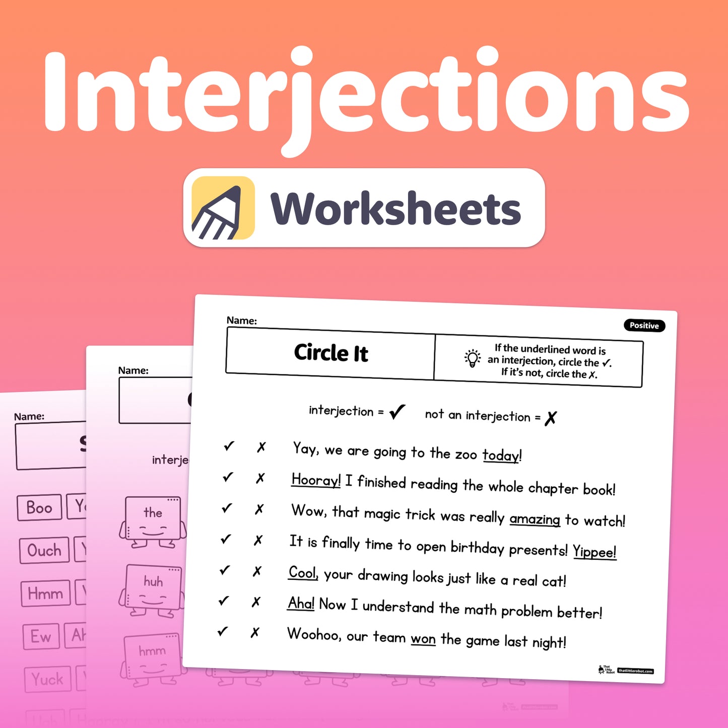 Several worksheets with interjection exercises and fill-in-the-blank sentences.