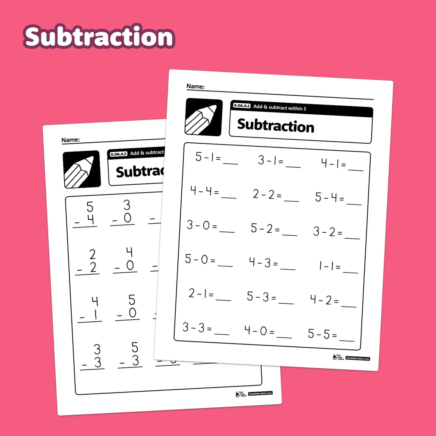 Two worksheets for addition and subtraction within 5.