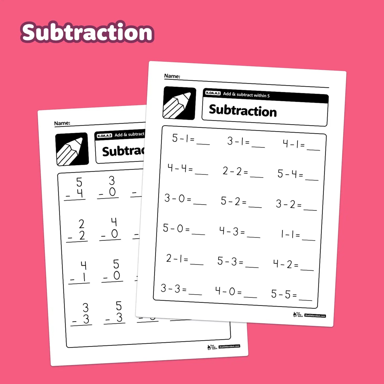 Two worksheets for addition and subtraction within 5.