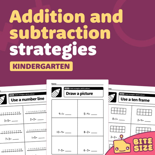 Kindergarten math worksheets for addition, subtraction strategies K.OA.A.1.