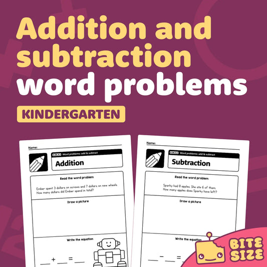 Kindergarten worksheets with cartoon robots for addition and subtraction.