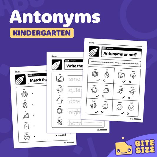 Kindergarten antonyms worksheets on a purple background with 'Bite Size' branding.