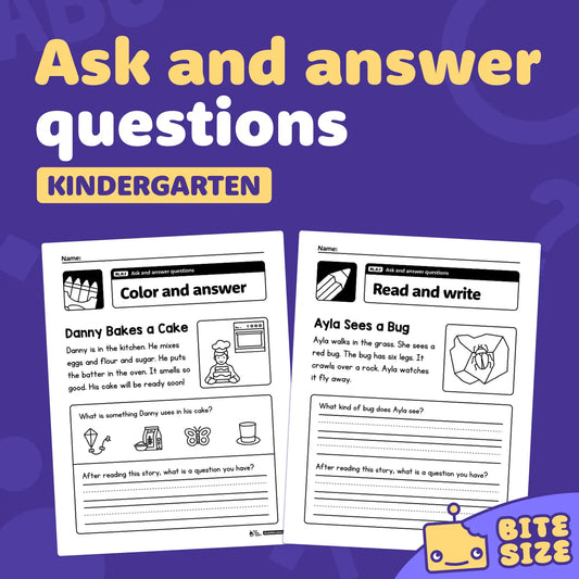 PDF pages with kindergarten ask and answer questions worksheets, RL.K.1.