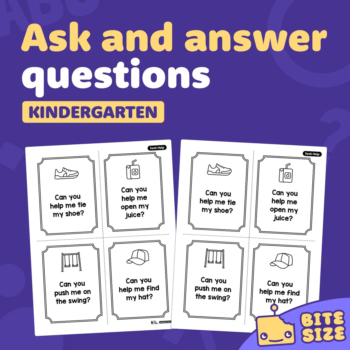 Cards for kindergarten question-and-answer game with SL.K.3 visible on each card.