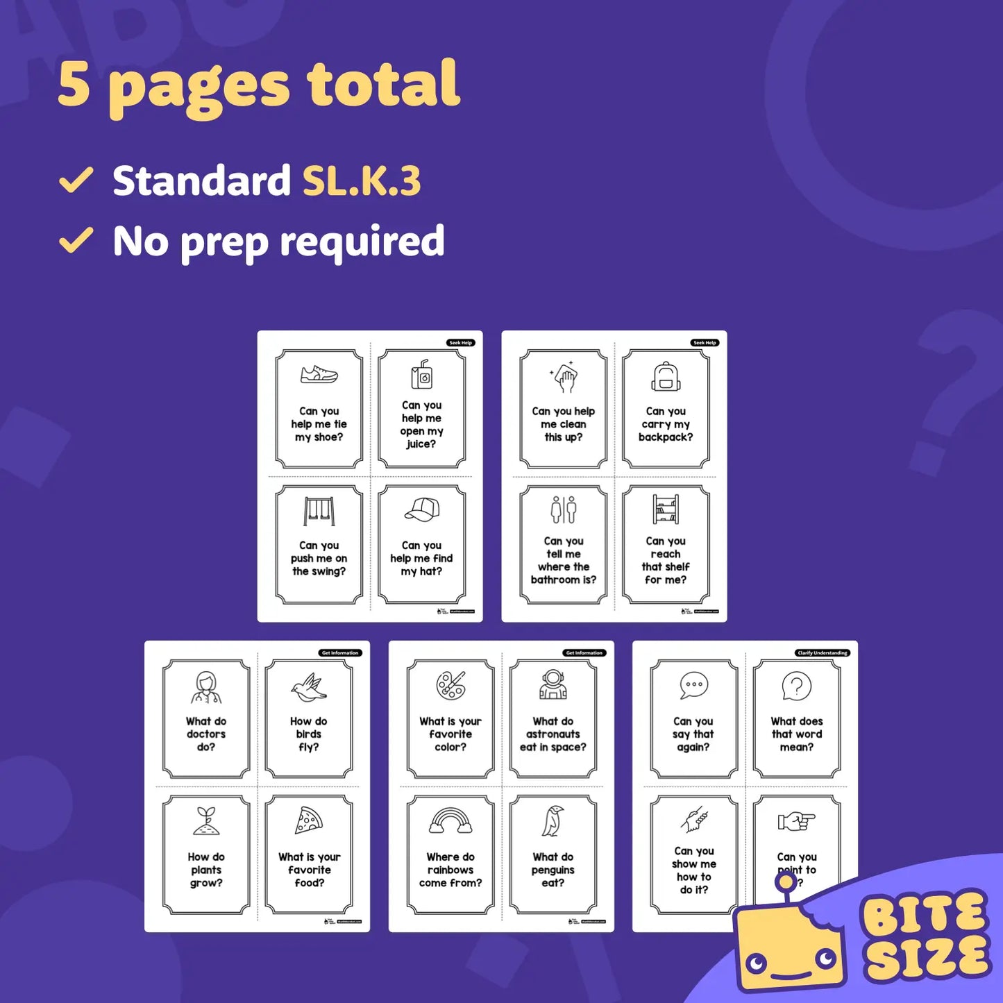 Printable question-and-answer cards for early kindergarten reading practice.