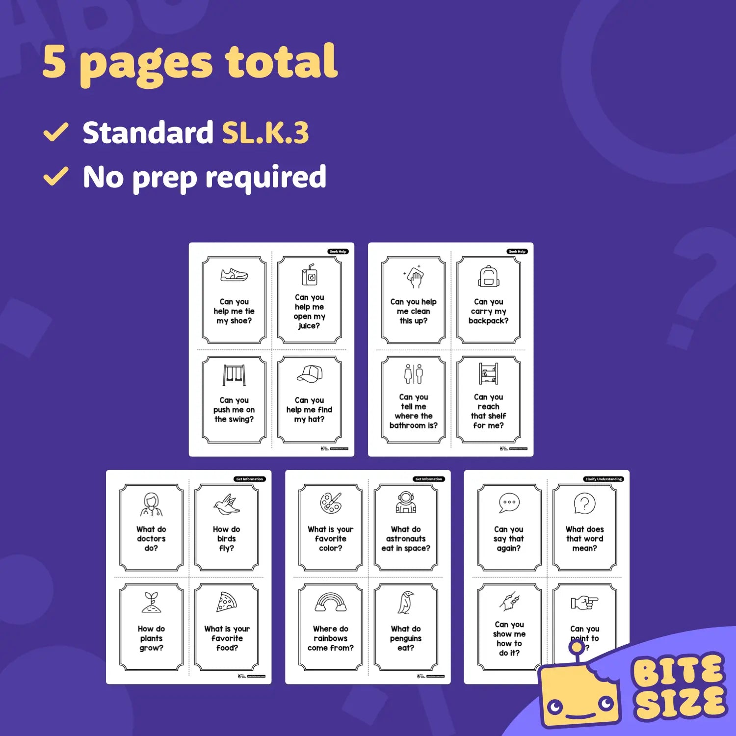 Printable question-and-answer cards for early kindergarten reading practice.
