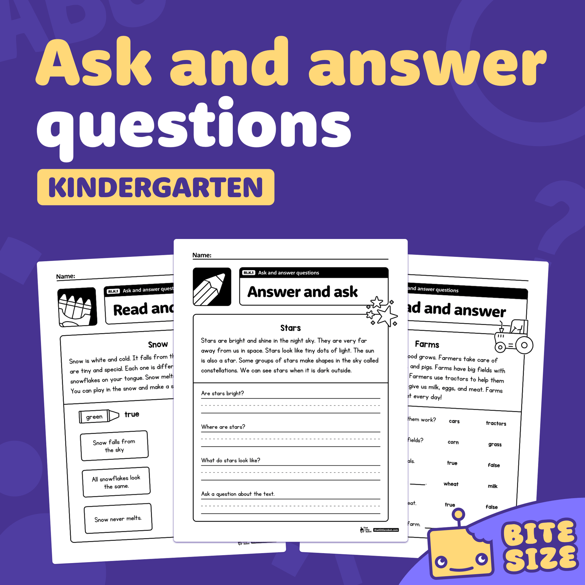 Three kindergarten worksheets labeled "Ask and Answer Questions" with a logo.
