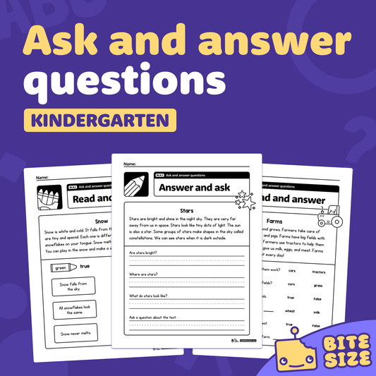 Three kindergarten worksheets labeled "Ask and Answer Questions" with a logo.