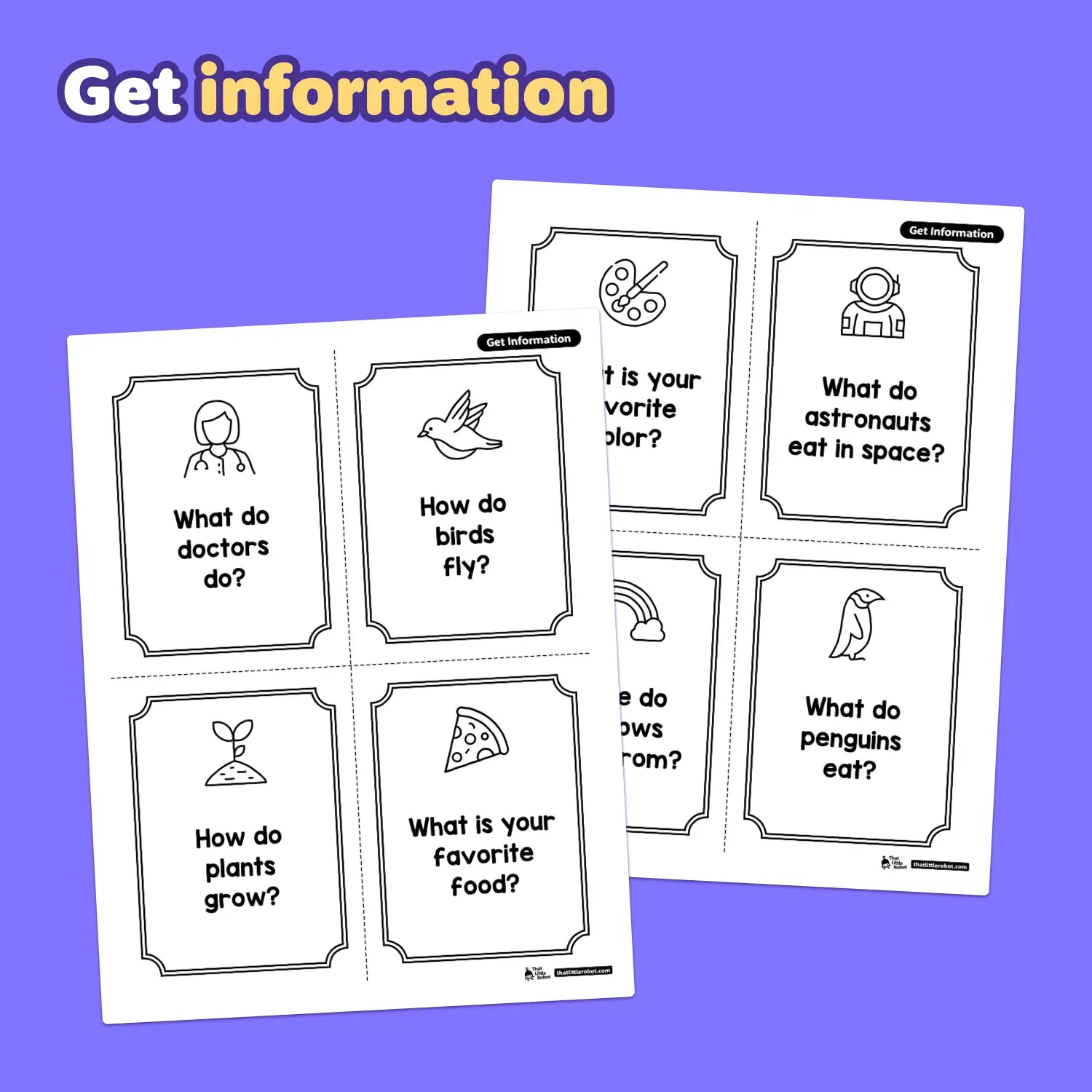 Two printable sheets with cards containing questions and answers for kids.