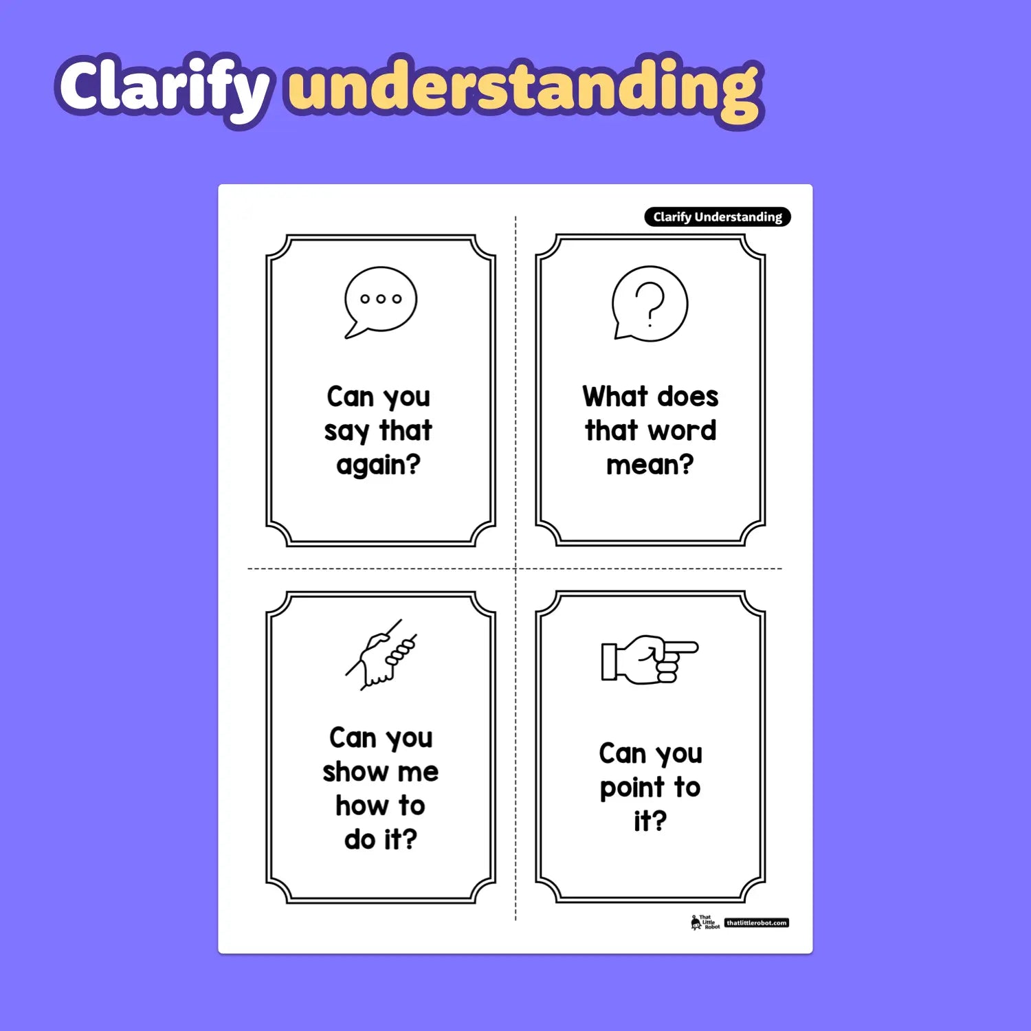 Four cards display kindergarten-level ask and answer questions for students.