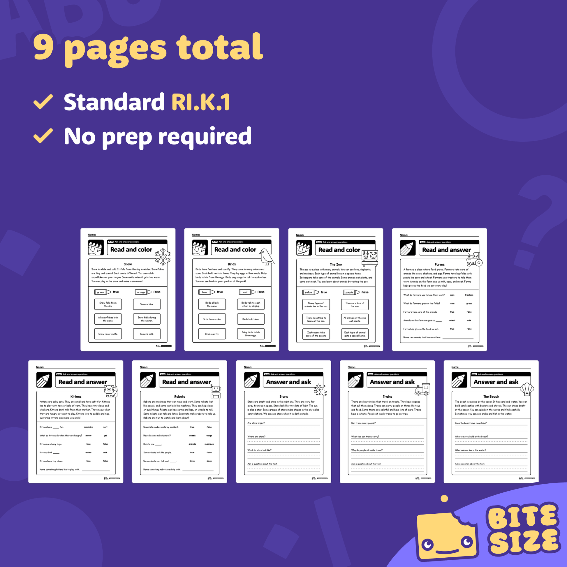 Nine kindergarten worksheets for ask and answer questions, labeled RI.K.1.