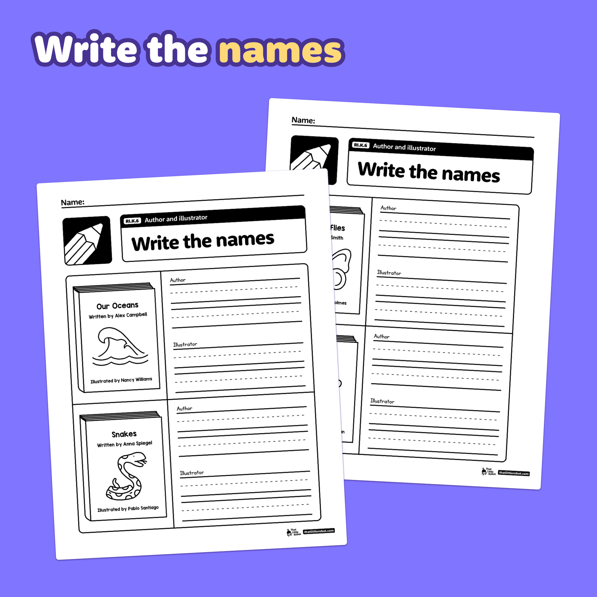 Printable kindergarten worksheets for author and illustrator name practice.