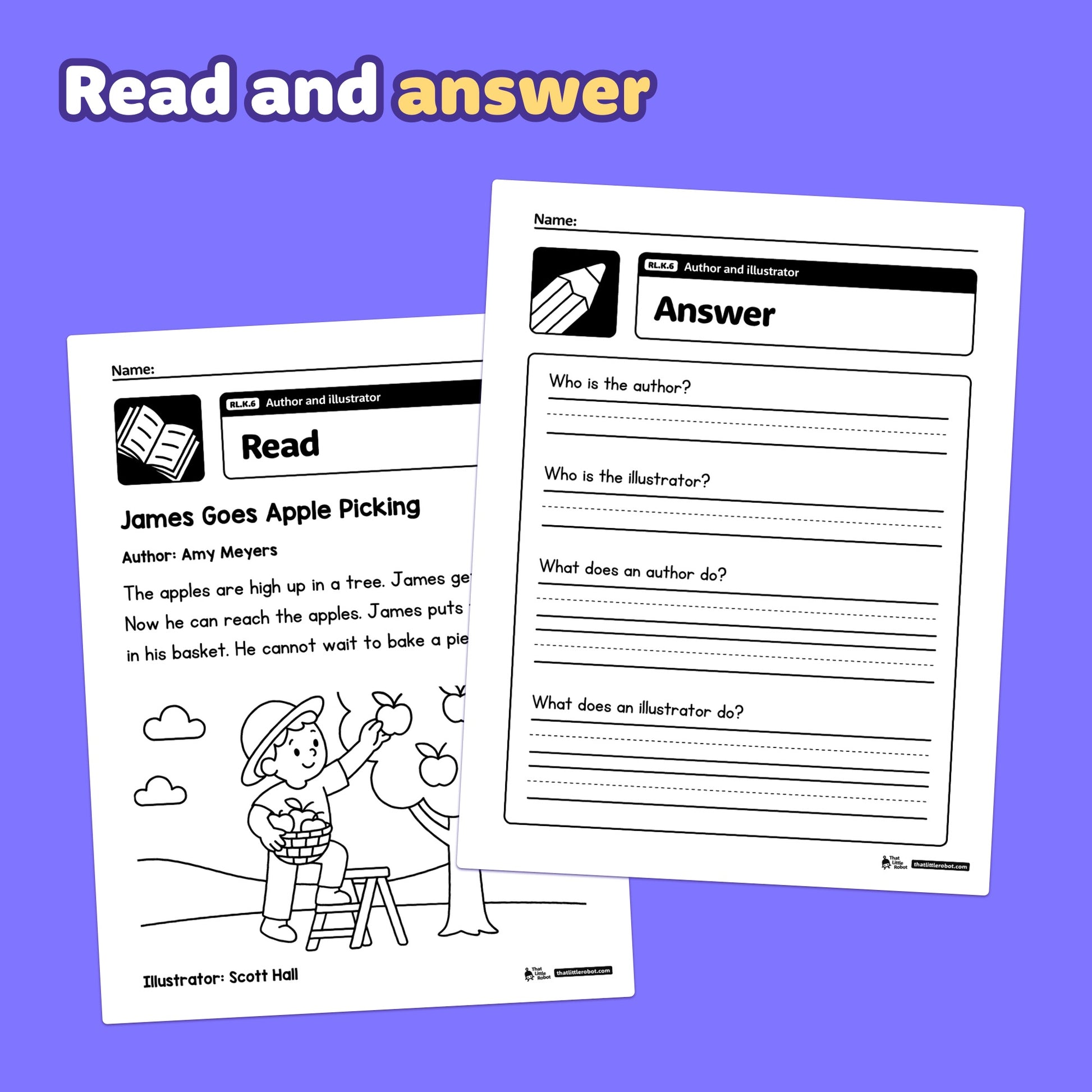 Two RL.K.6 worksheets display story text and a child's drawing for illustration.