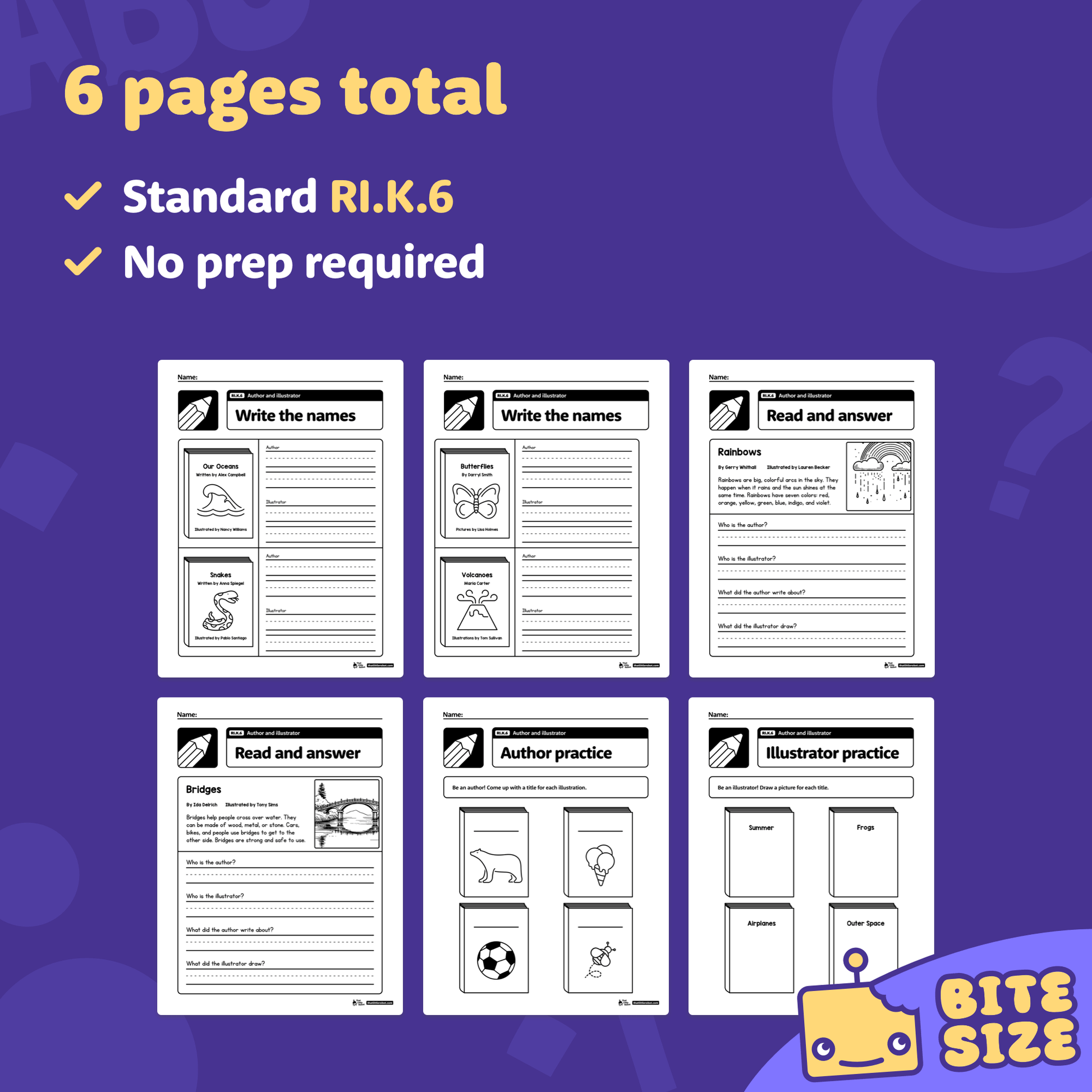 Preview of kindergarten worksheets with sections for author and illustrator.