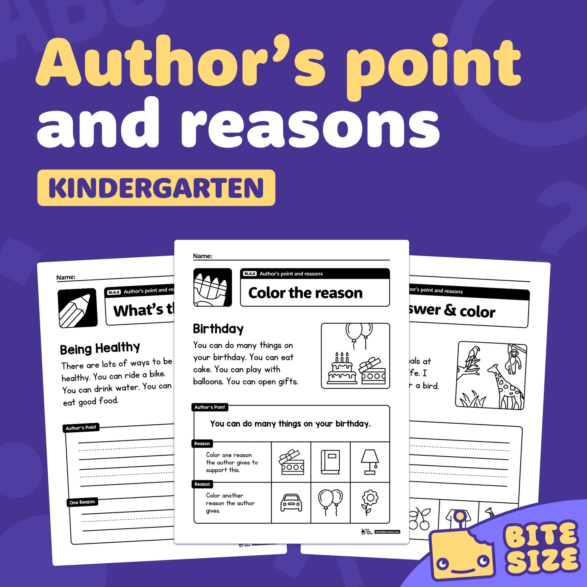 Three worksheets with author’s point and reasons for kindergarten, labeled RI.K.8.