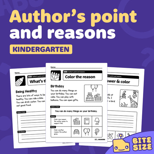 Three worksheets with author’s point and reasons for kindergarten, labeled RI.K.8.