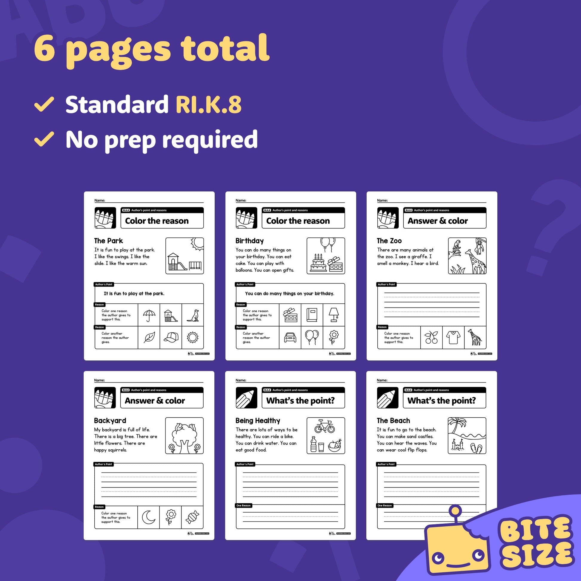 Six worksheets with author’s point and reasons activities for kindergarten.
