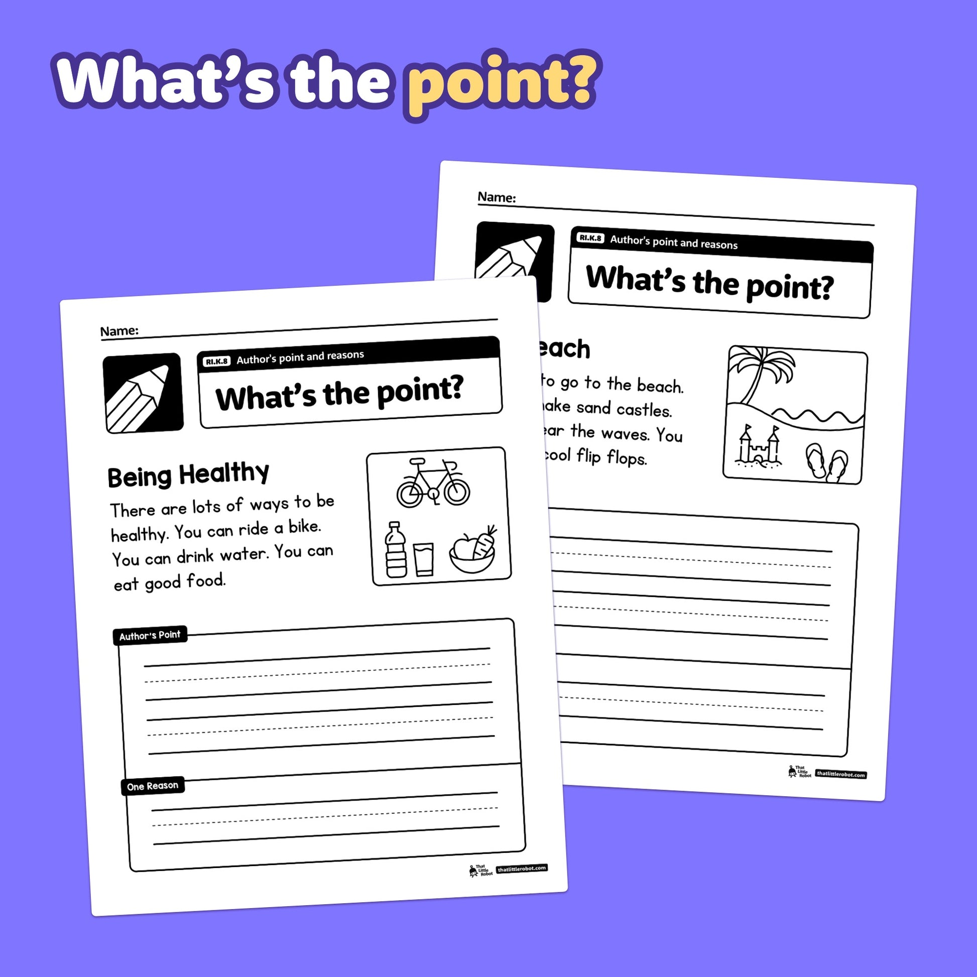 Two Kindergarten worksheets titled "Author's Point and Reasons" are shown.