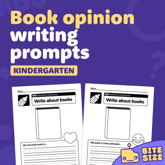 Text reads "Kindergarten Book Opinion Writing Prompts | W.K.1" with added text.