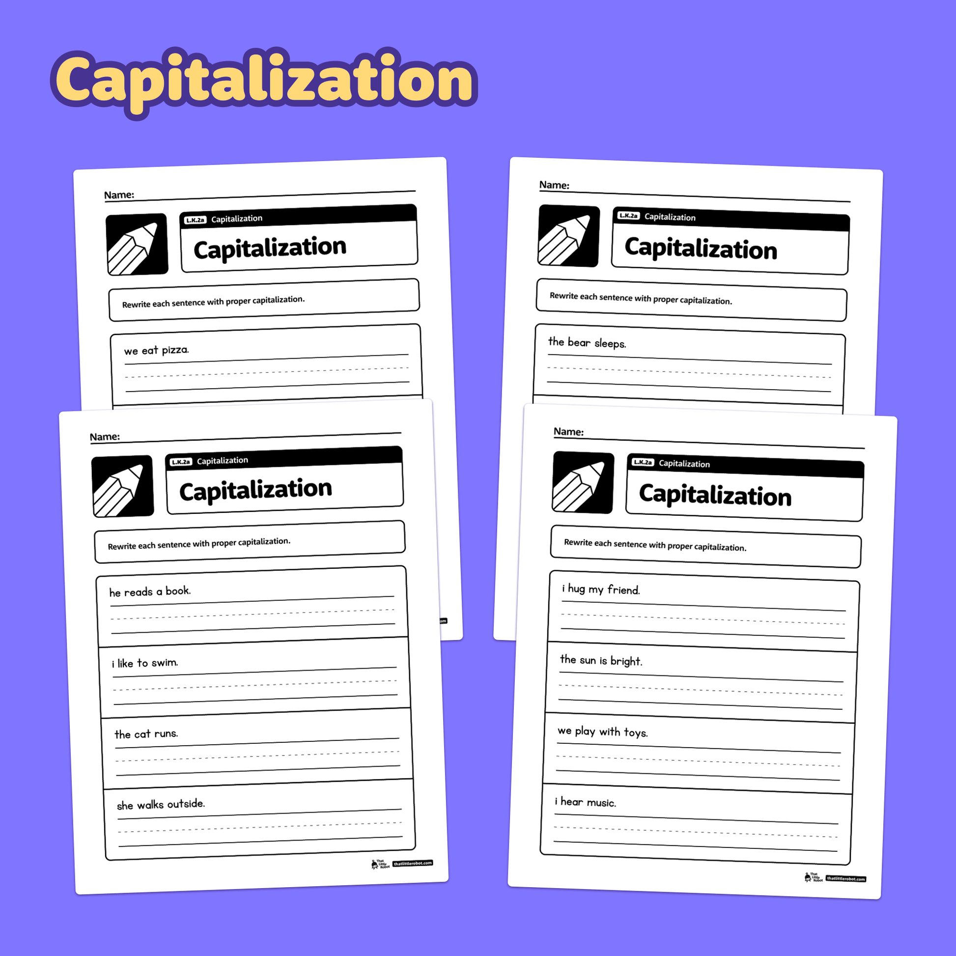 Four kindergarten worksheets with capitalization practice activities displayed.