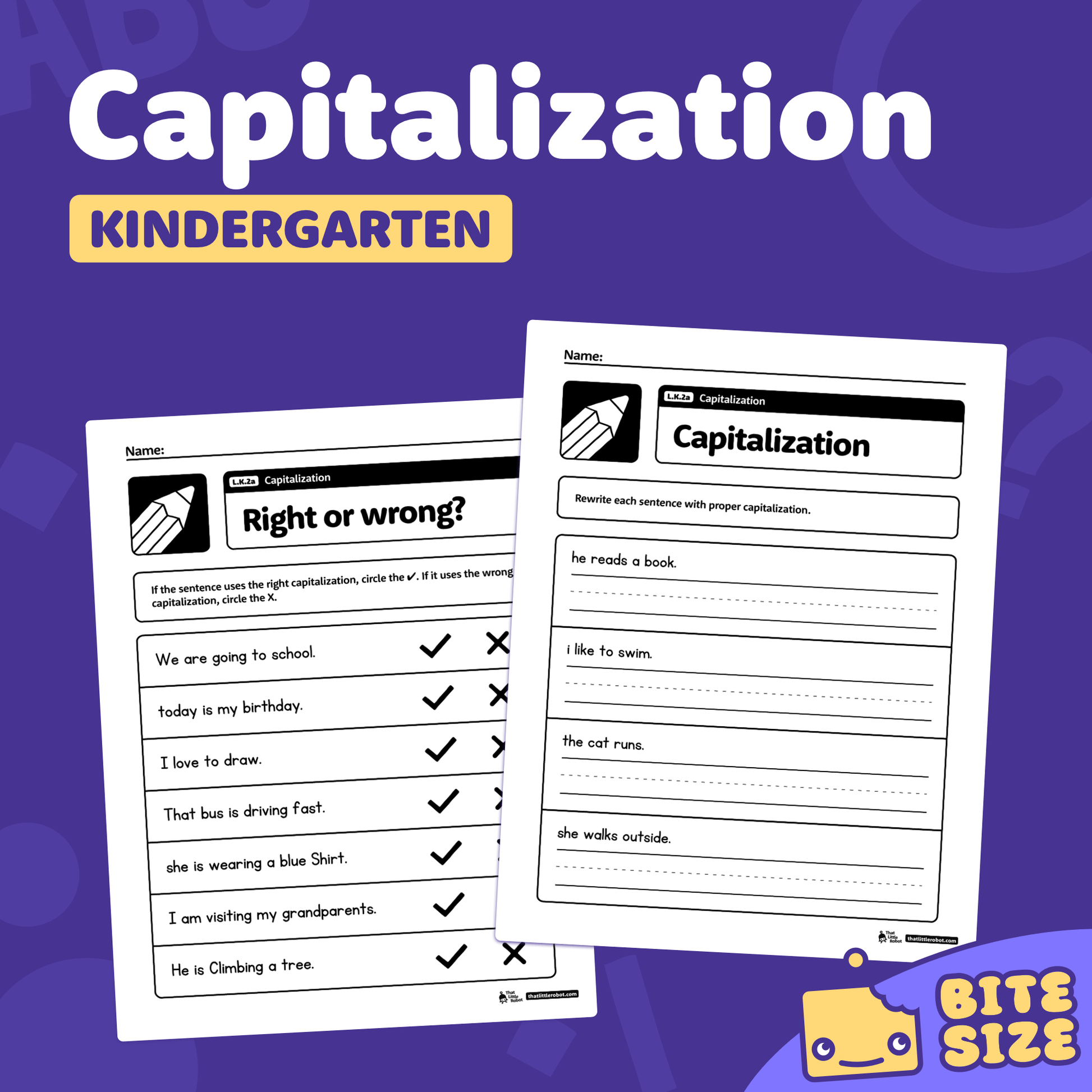 Several kindergarten worksheets focused on capitalization rules are shown.