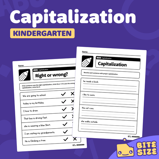 Several kindergarten worksheets focused on capitalization rules are shown.