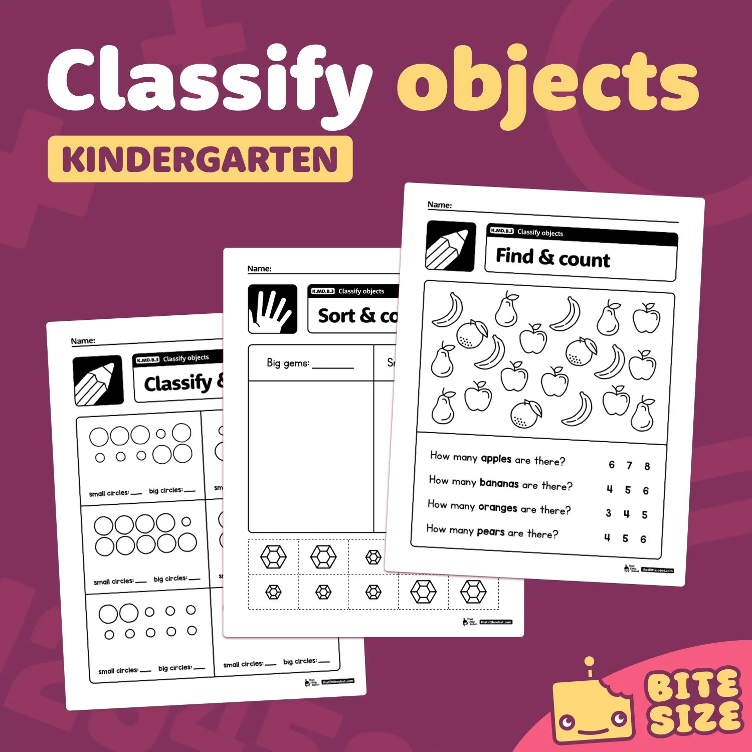 Kindergarten worksheets for classifying and counting objects.