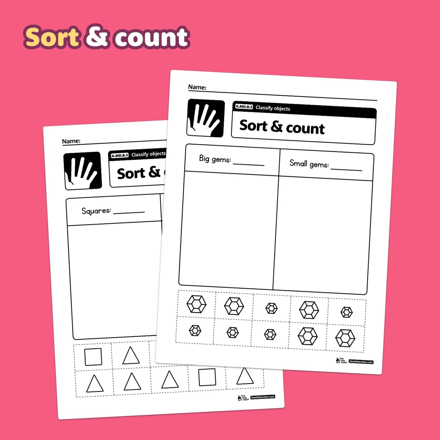 Two worksheets titled "Classify Objects Worksheets | K.MD.B.3.