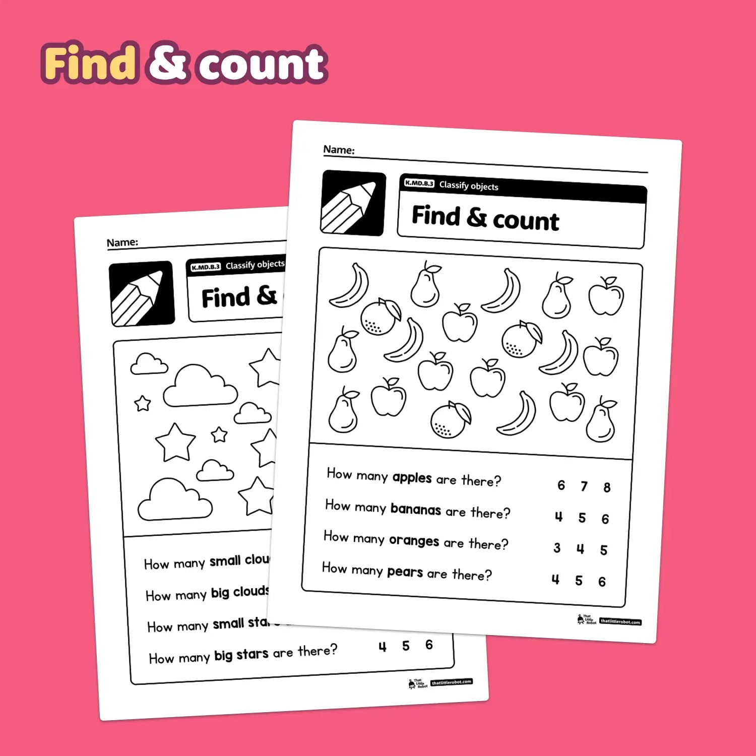 Worksheets with fruits and shapes for classifying and tallying objects.