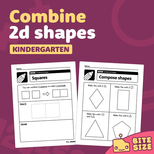 Kindergarten worksheets on combining 2D shapes with activity examples.