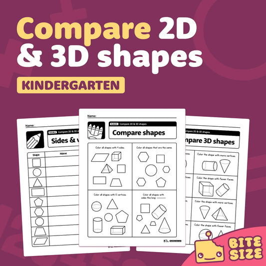 Worksheets titled "Compare 2D & 3D Shapes" for kindergarten.