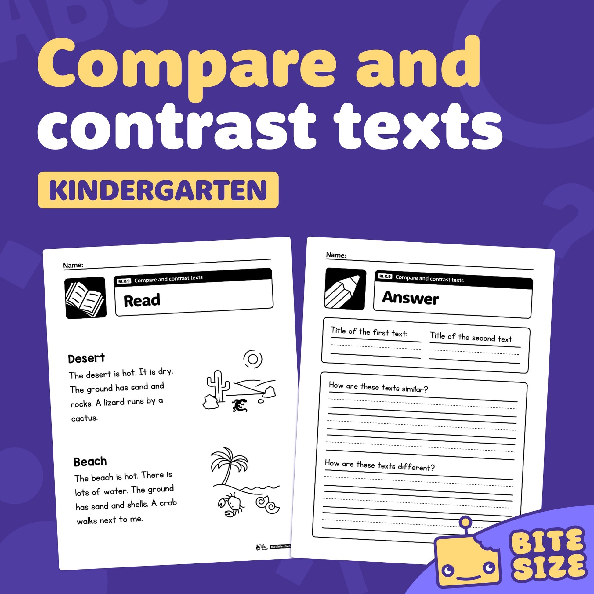 Three worksheet pages with kindergarten-level compare and contrast activities.
