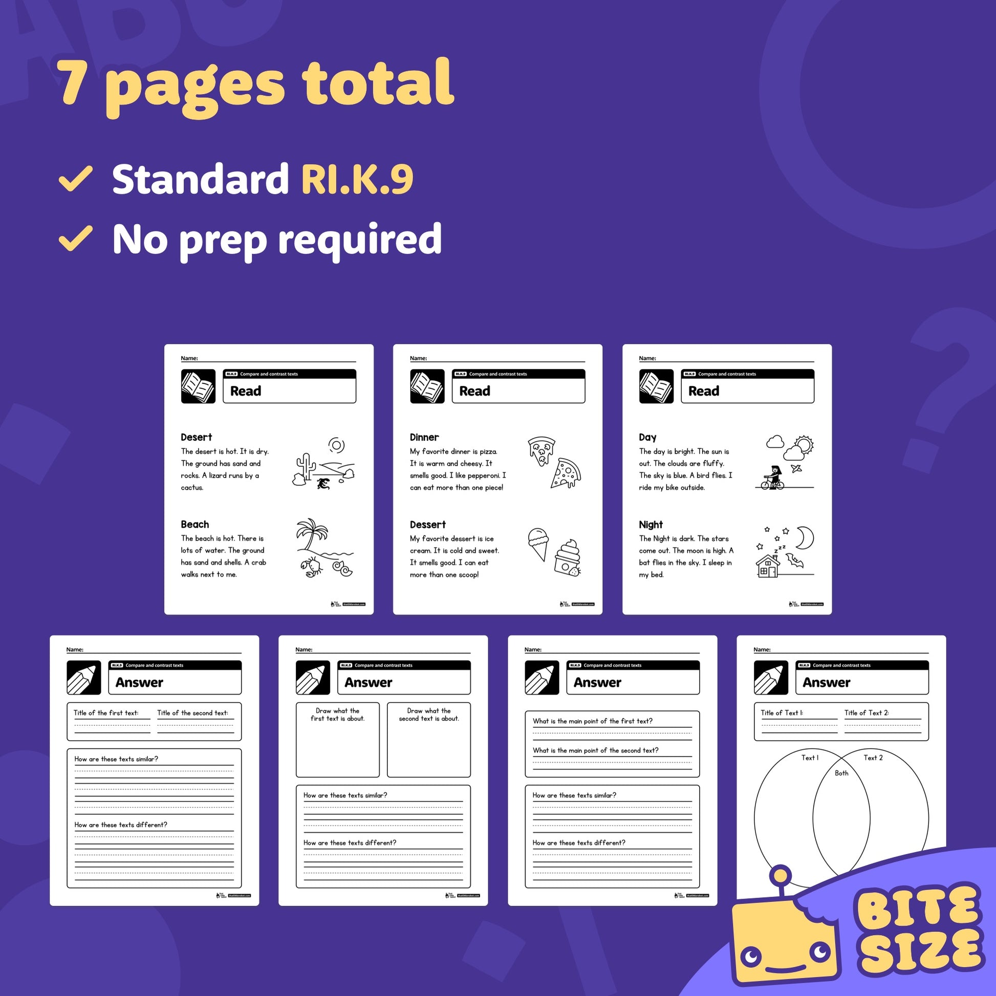 Preview showing 7 kindergarten compare and contrast worksheets with answer keys.