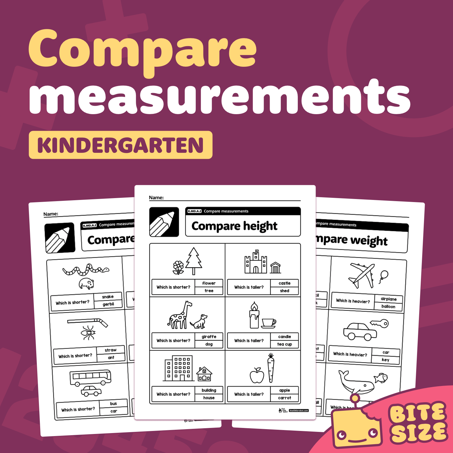 Kindergarten measurement comparison worksheets with images and icons.