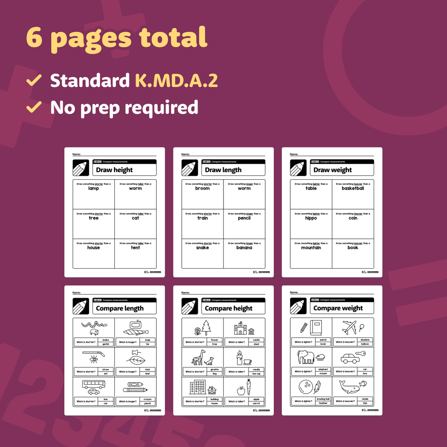 Worksheets for comparing height, length, and weight measurements.