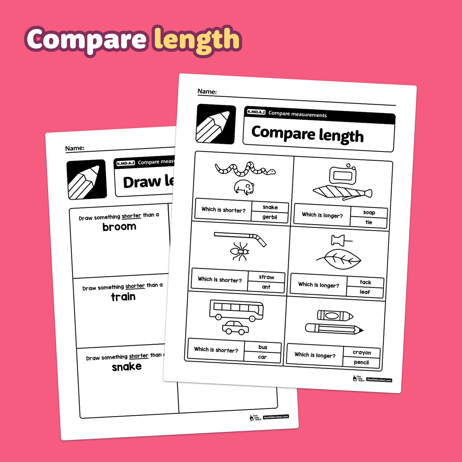 Two worksheets on comparing measurements with illustrations.