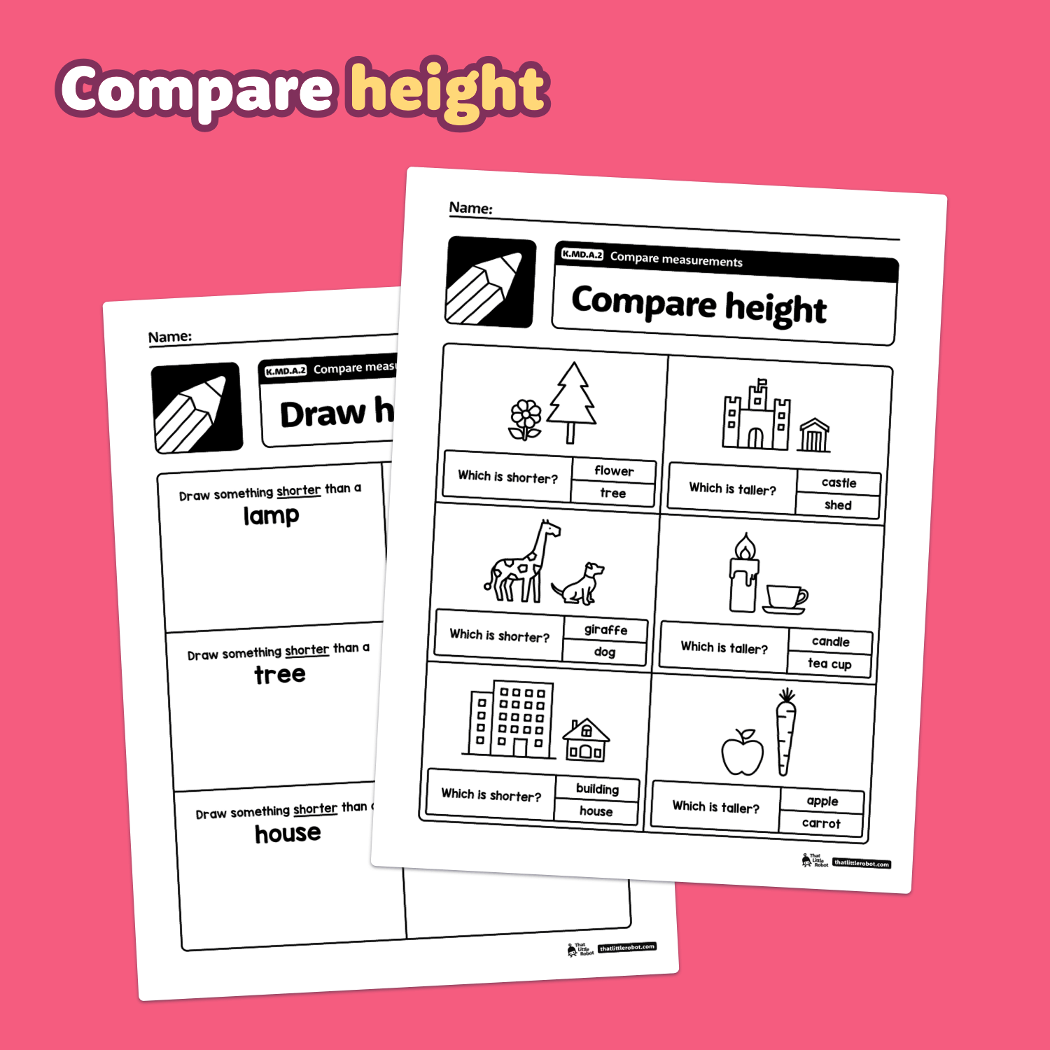 Two worksheets titled "Compare Measurements Worksheets | K.MD.A.2" with illustrations.