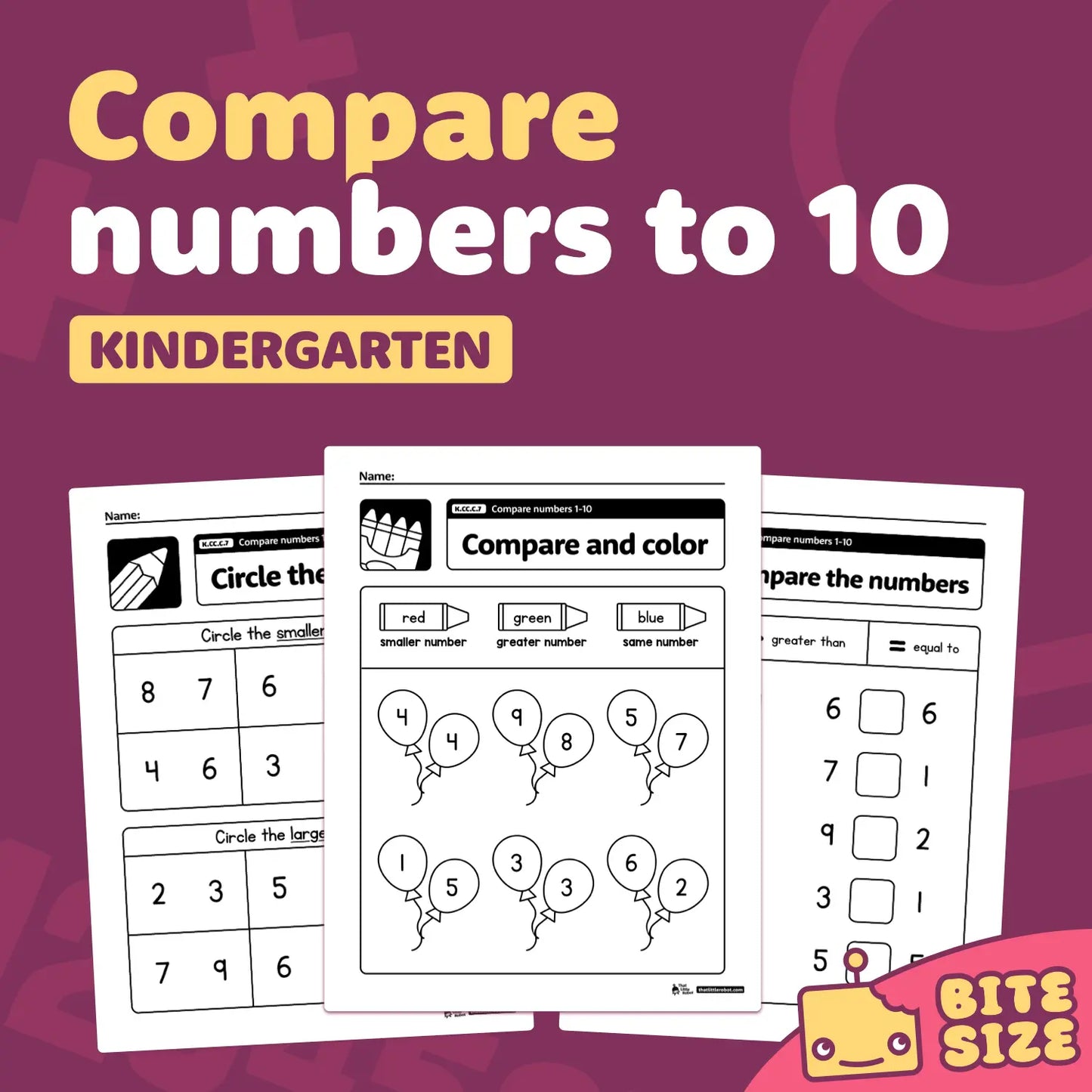 Compare Numbers to 10 Worksheets K.CC.C.7