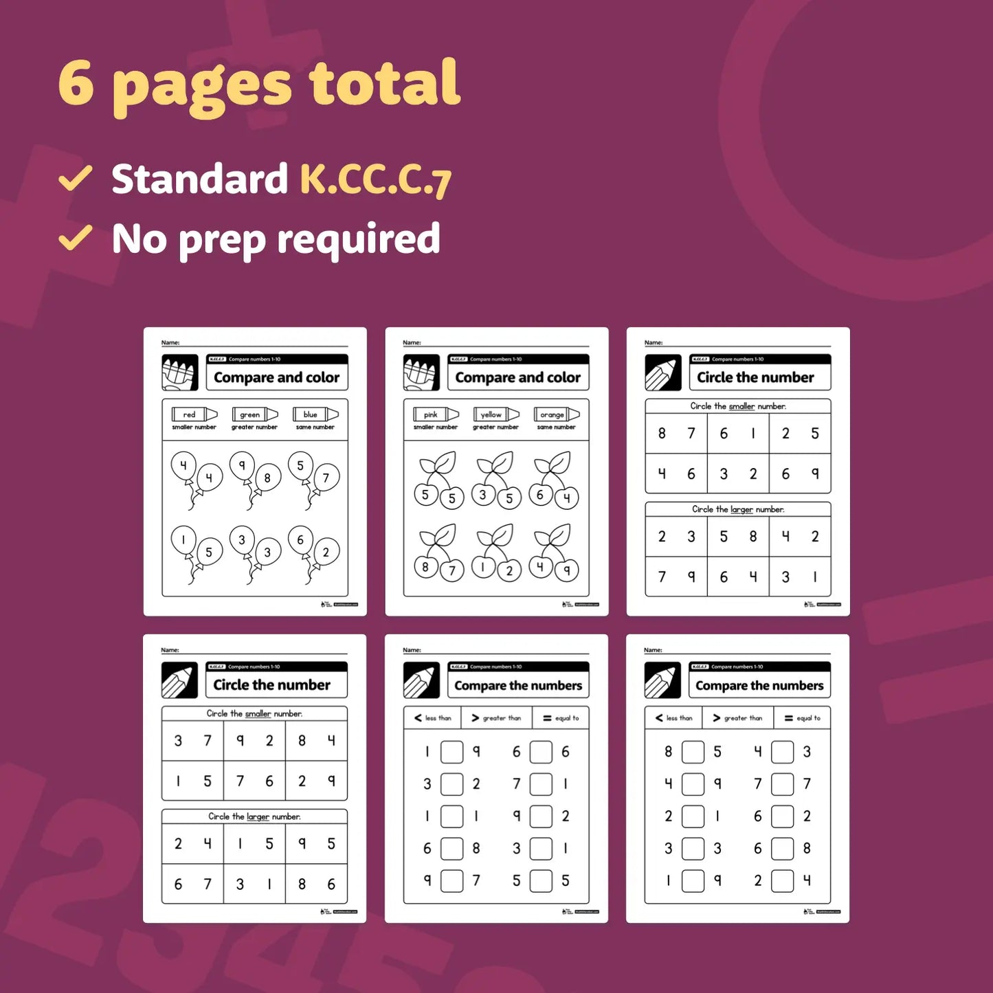 Compare Numbers to 10 Worksheets K.CC.C.7