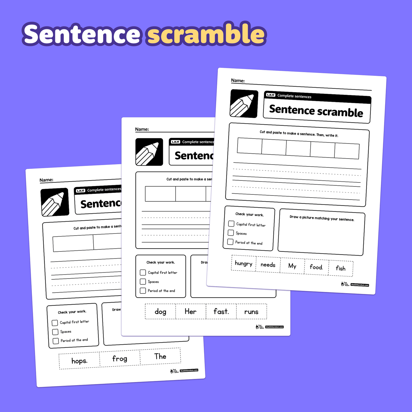 PDF worksheets with sentence-building activities for kindergarten students.
