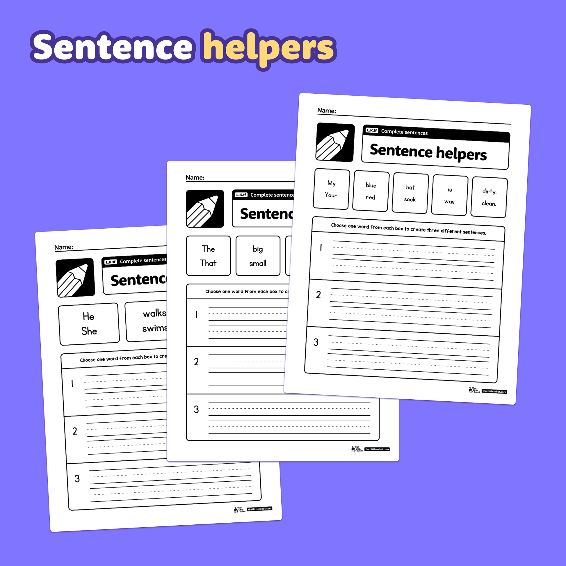 Printable PDF worksheets with fill-in-the-blank complete sentence exercises.