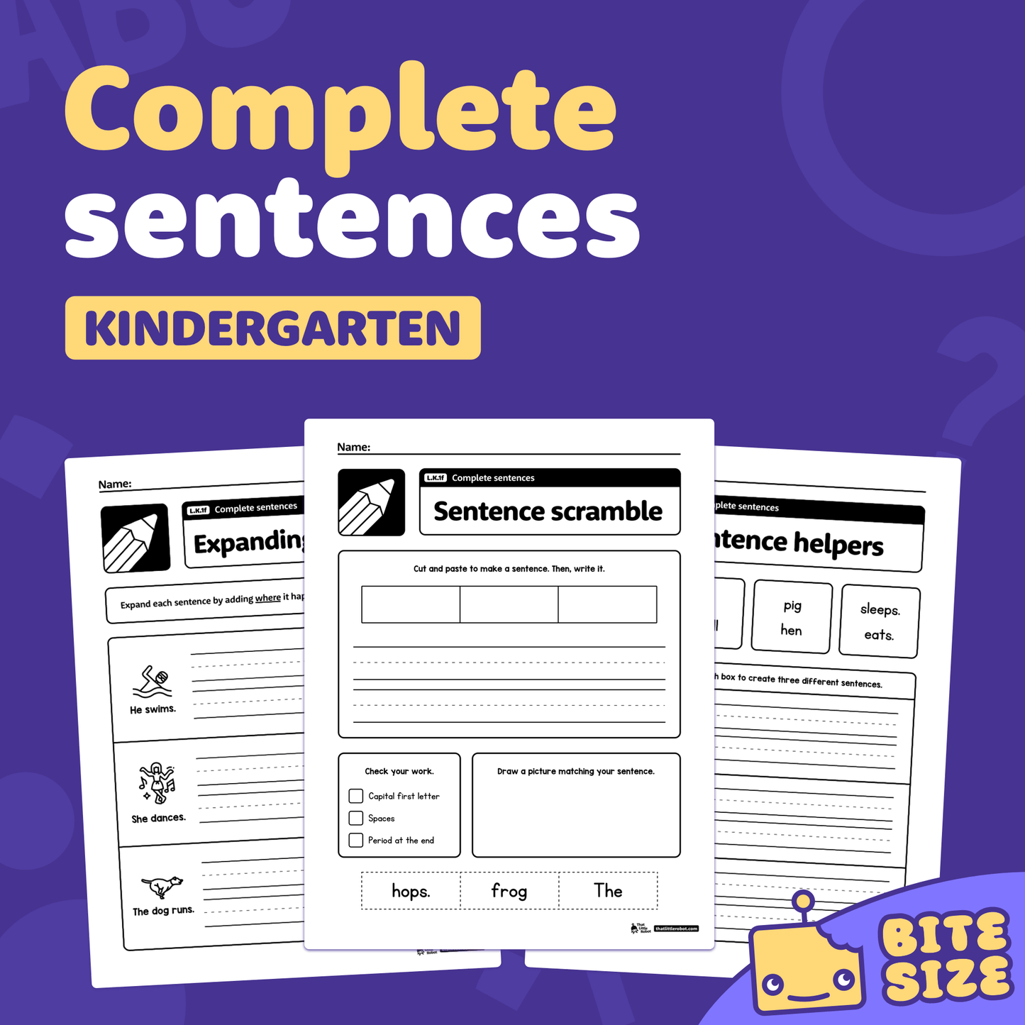 Printable PDF worksheets showing kindergarten complete sentence activities.