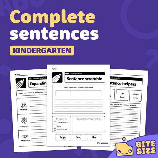 Printable PDF worksheets showing kindergarten complete sentence activities.
