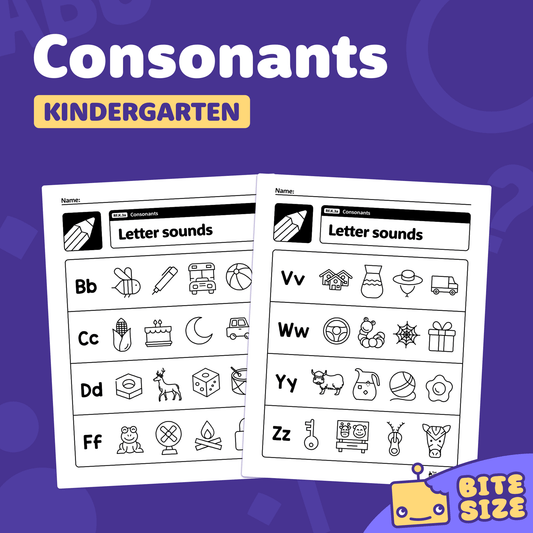 Printable kindergarten worksheets with consonant letter sound activities.