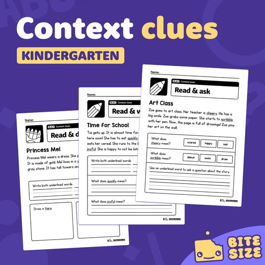 Printable kindergarten worksheets focused on context clues and RL.K.4 standard.