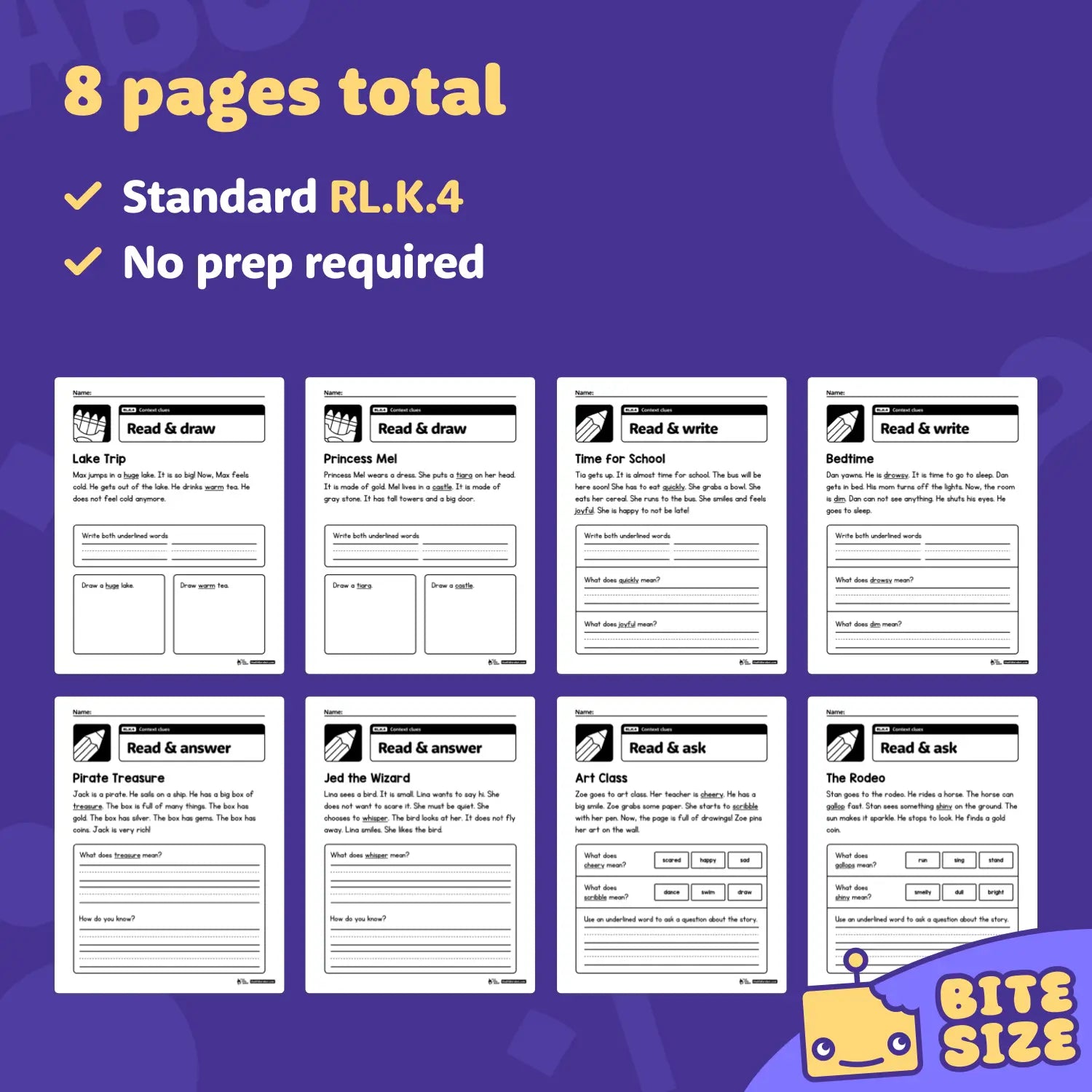 Eight kindergarten context clues worksheets labeled RL.K.4 are shown.