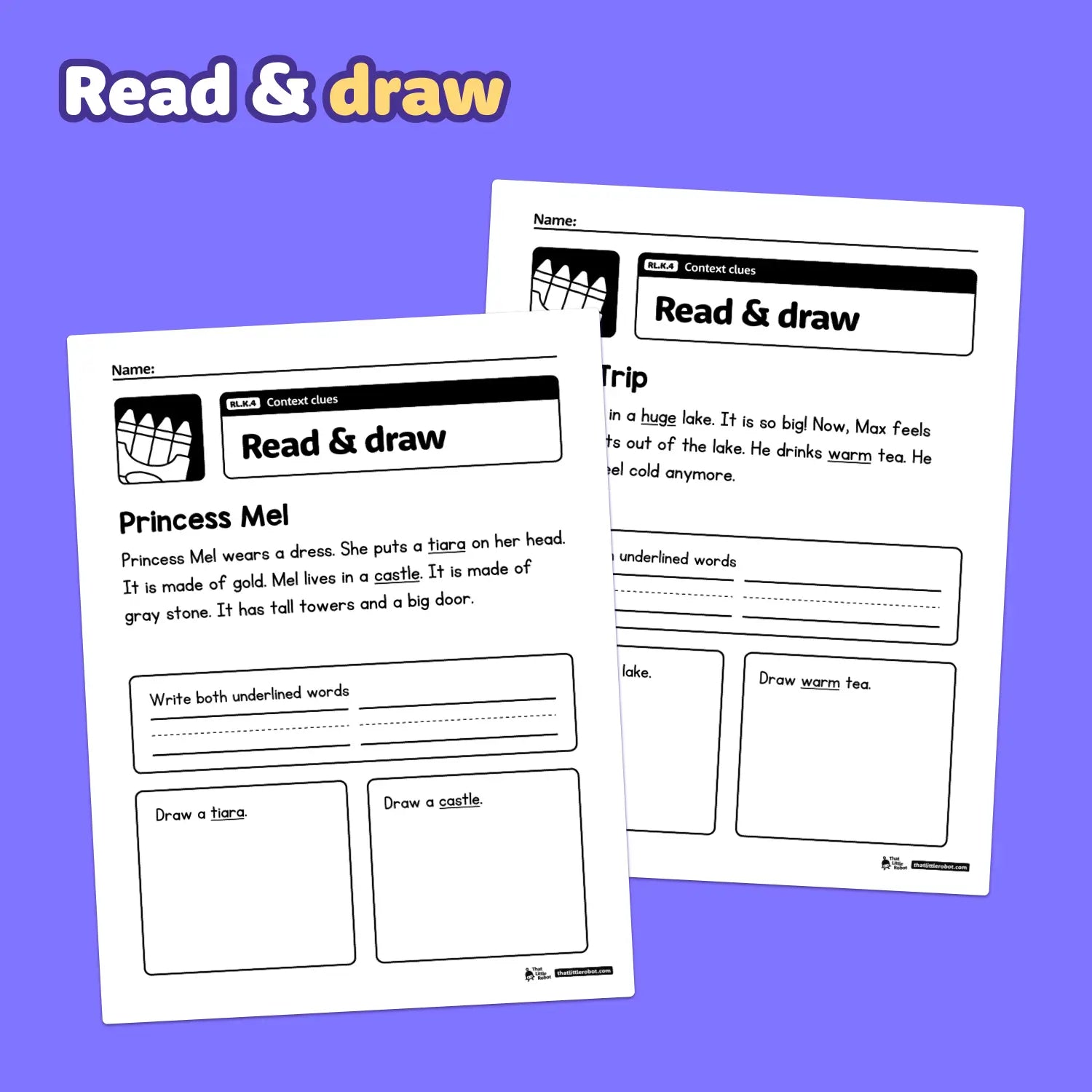 Two RL.K.4 context clues worksheets with reading and drawing activities for kids.