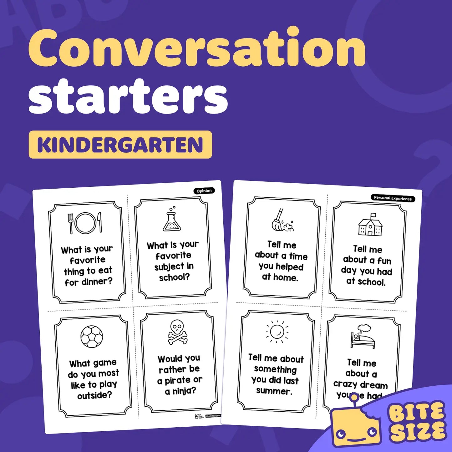 Printable cards displaying conversation prompts for kindergarten students.