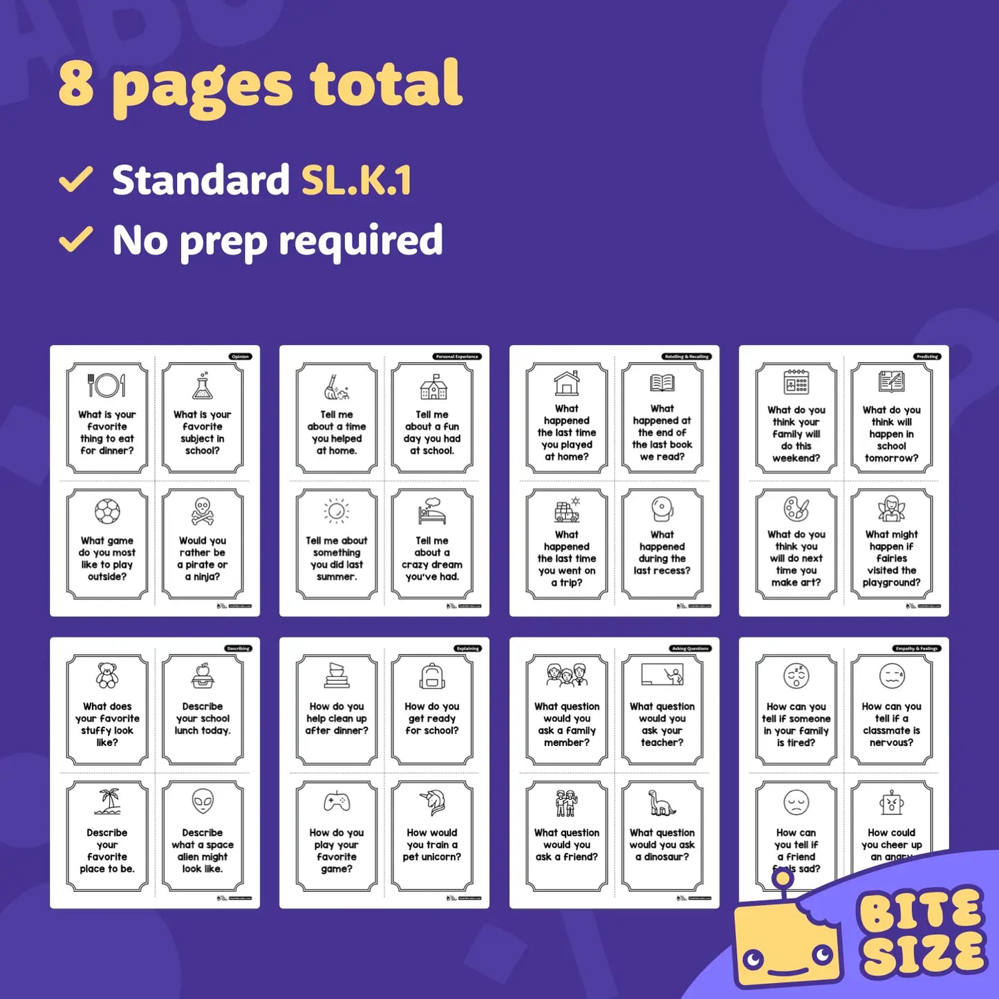 Eight printable kindergarten conversation starter activity pages are shown.
