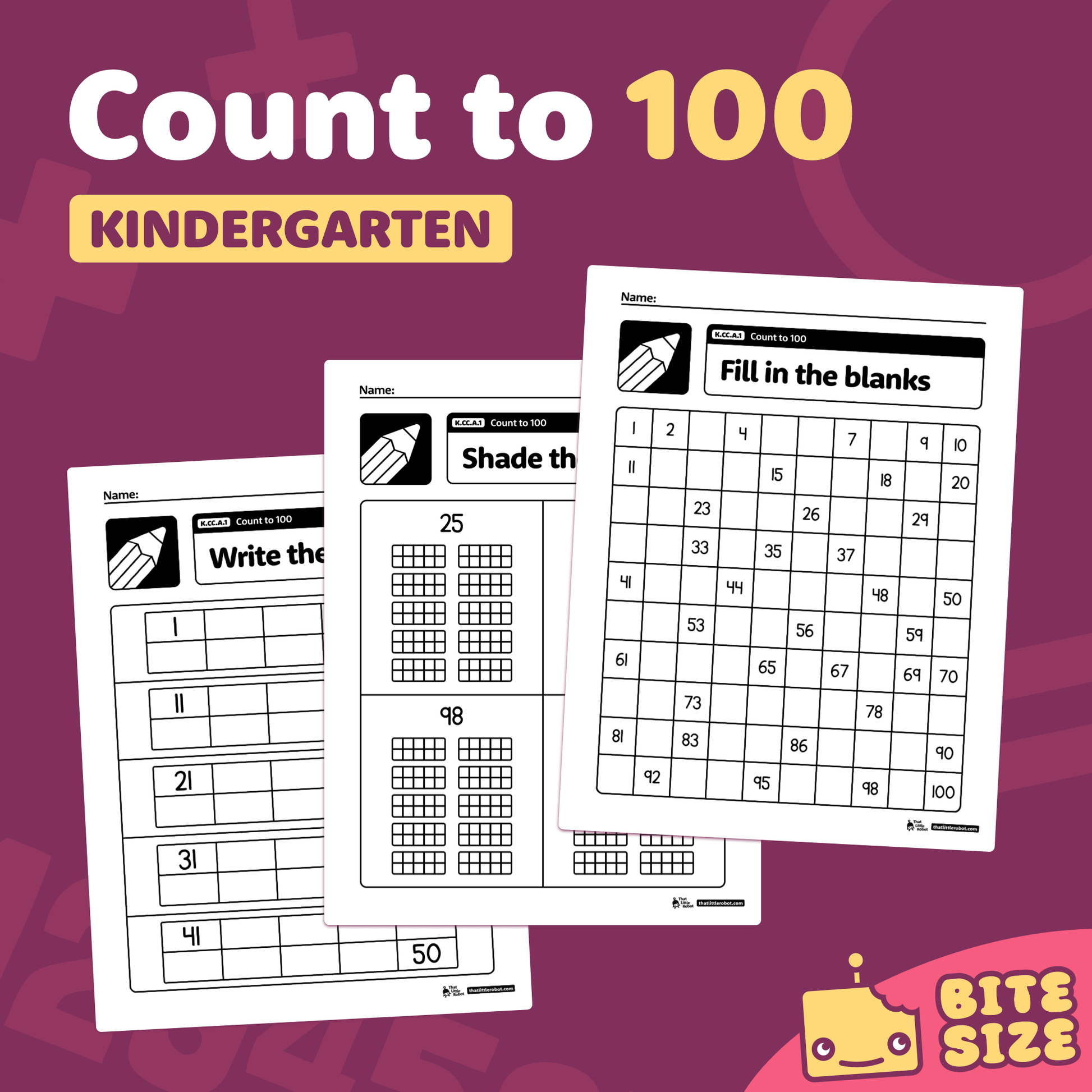 Kindergarten worksheets for counting numbers up to 100.